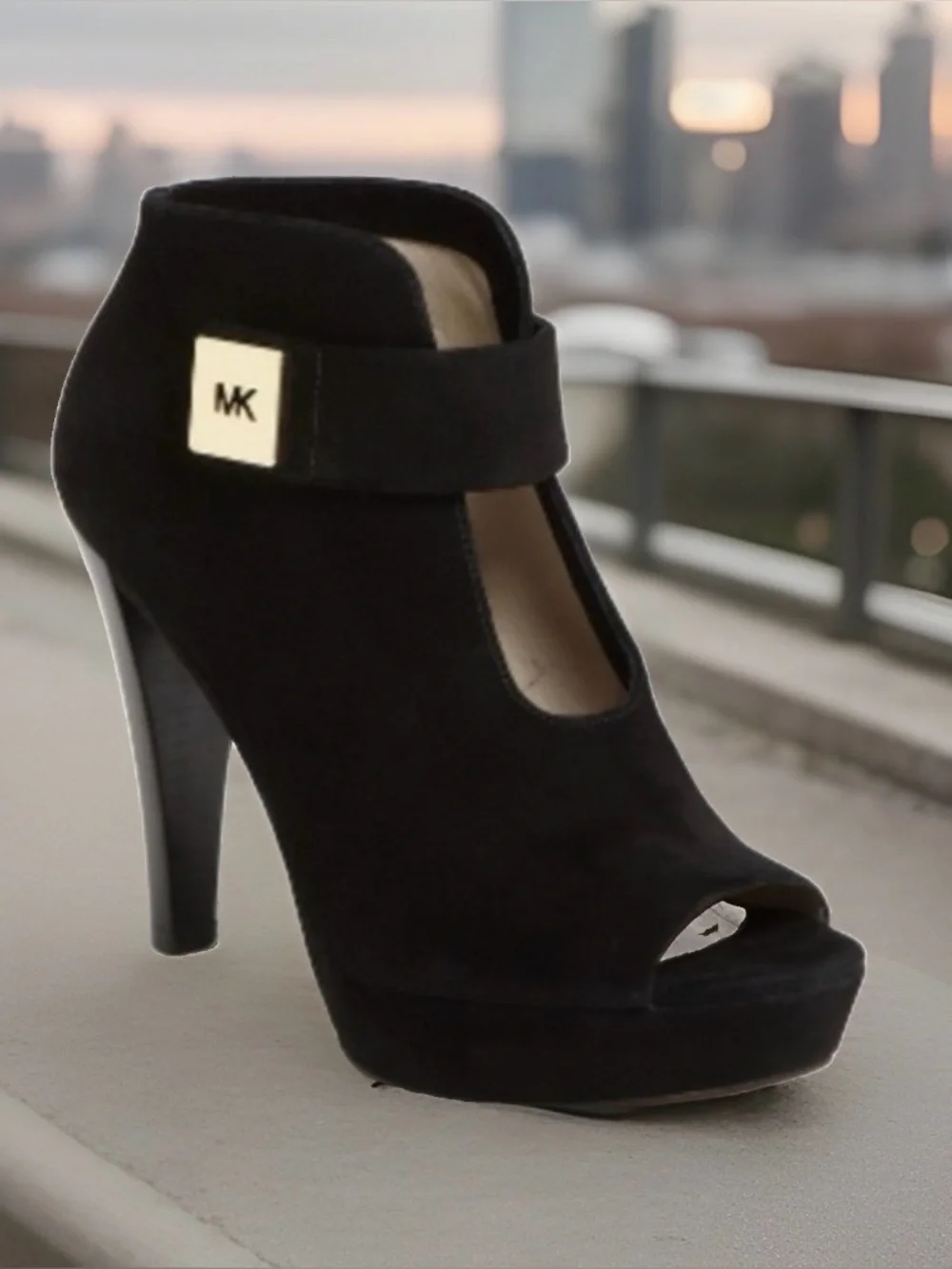 EUC Michael Kors Devenport Black Suede Peep Toe Stiletto Platform Booties 9.5